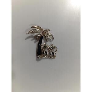 Vintage Palm Tree & 2 Pin Brooch Gold Black‎ Rhinestone Crystal 1980s